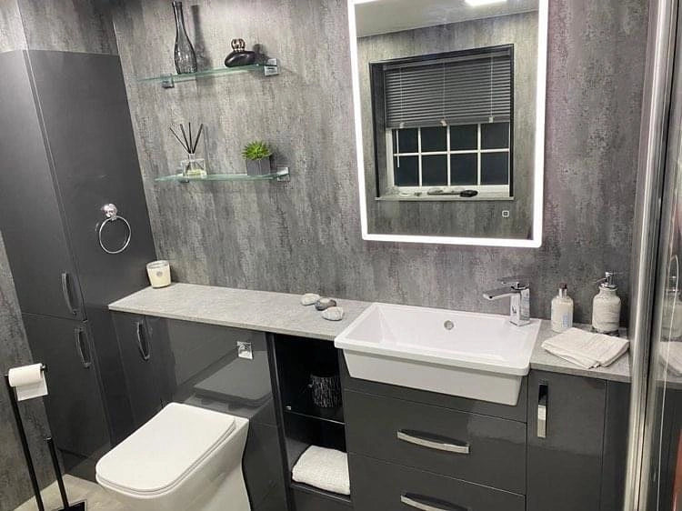 Our Chic modern bathroom suite with a grey and white colour scheme.