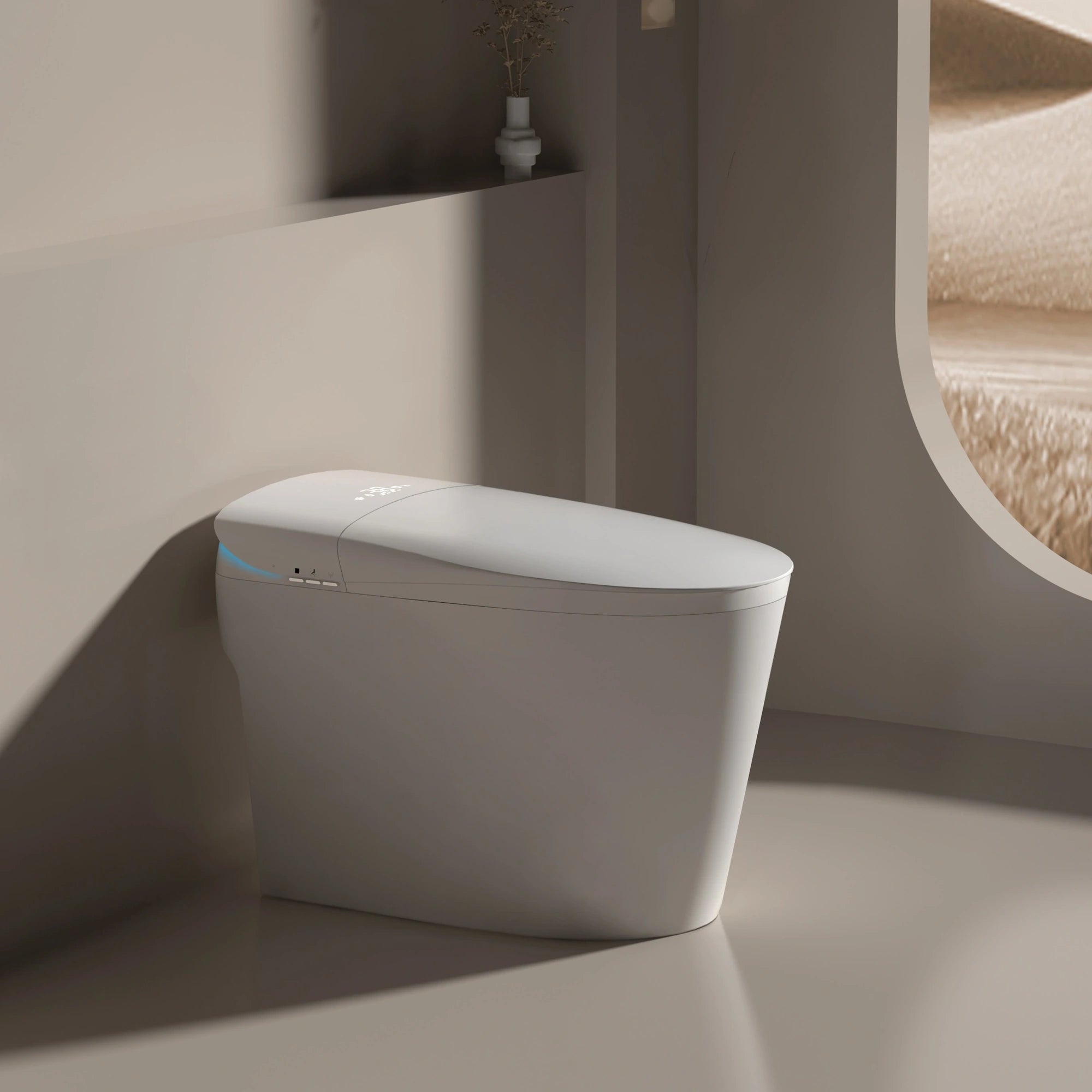 A modern white smart toilet and bidet with side controls, installed in a bathroom setting.