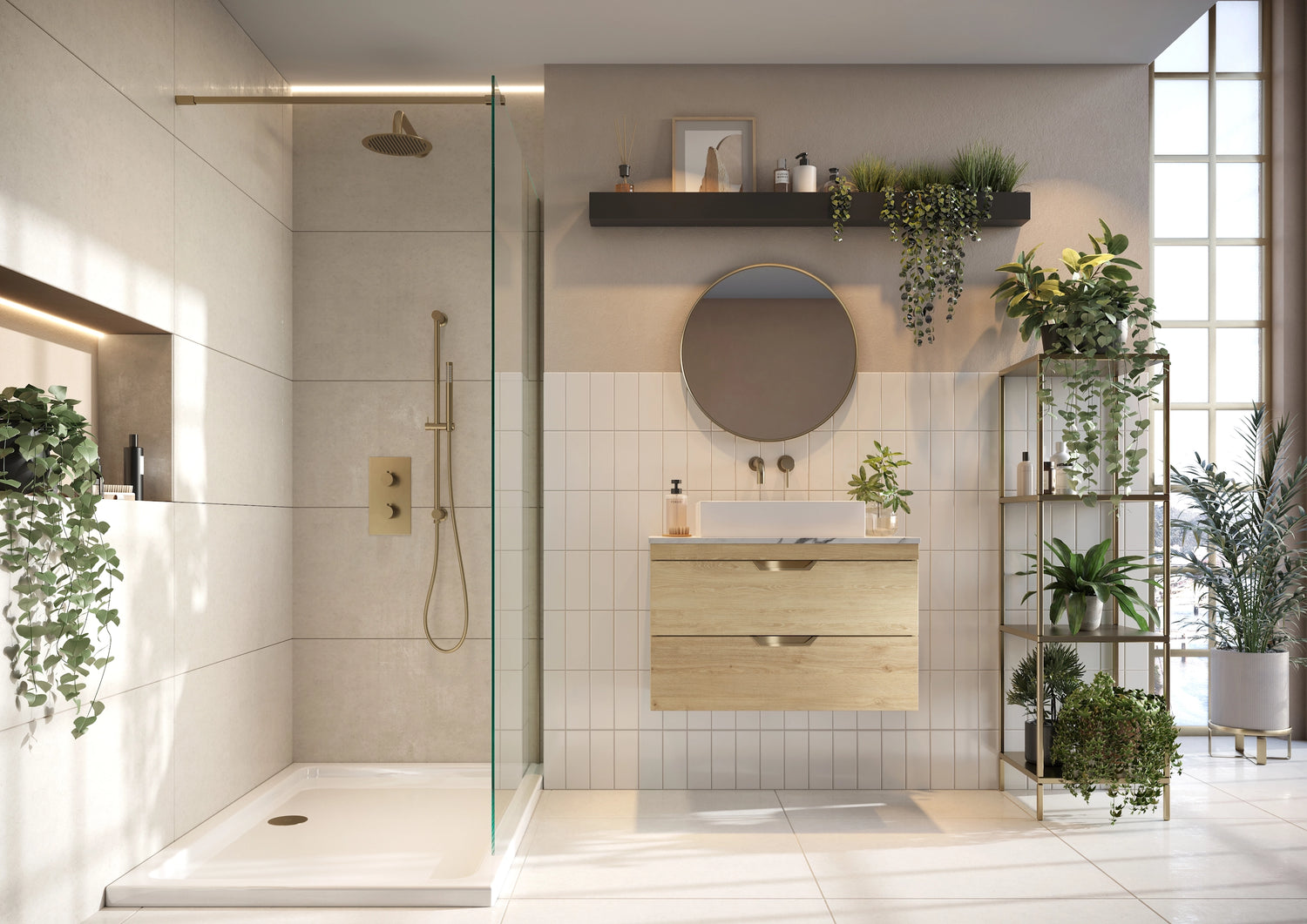 Expert Designed Bathroom with Aubrey Oak Vanity Unit, S6 Shower Side Panel, The Shires Shower Tray & Mia Mirror