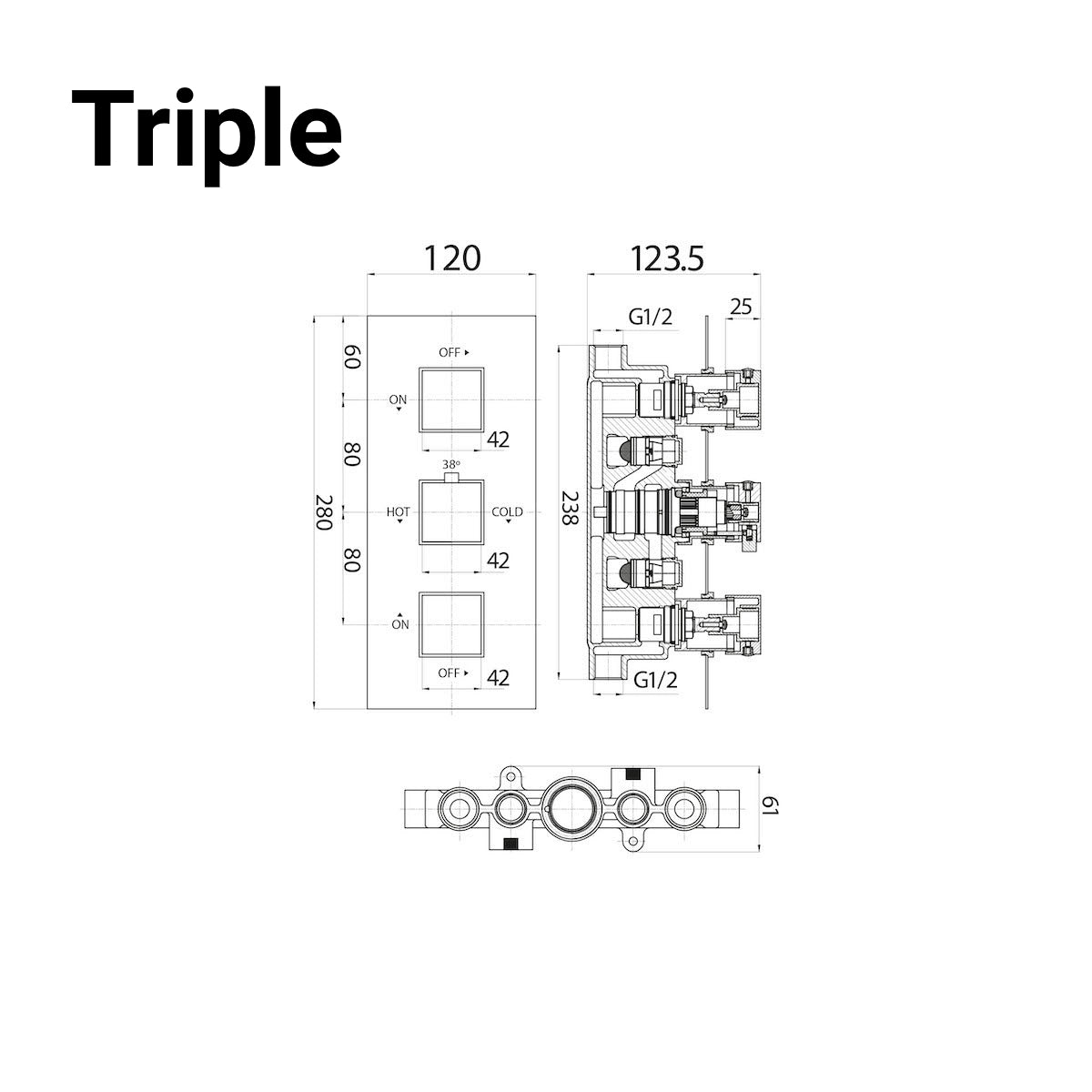 Matt Black Square Handle Thermostatic Concealed Shower Valve
