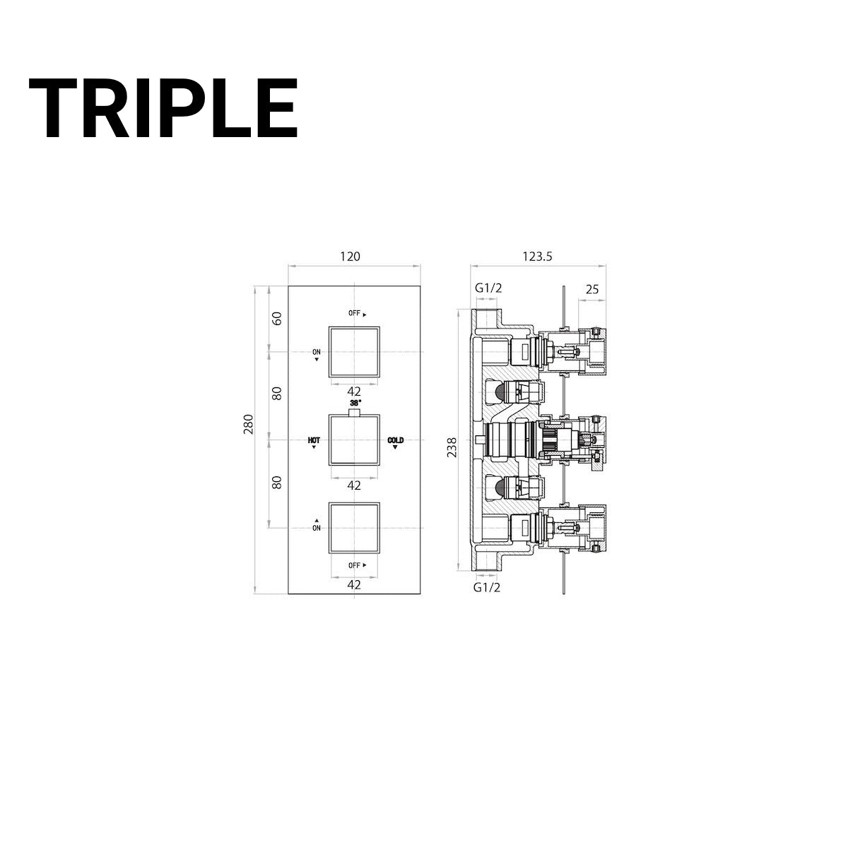 Chrome Square Handle Thermostatic Concealed Shower Valve