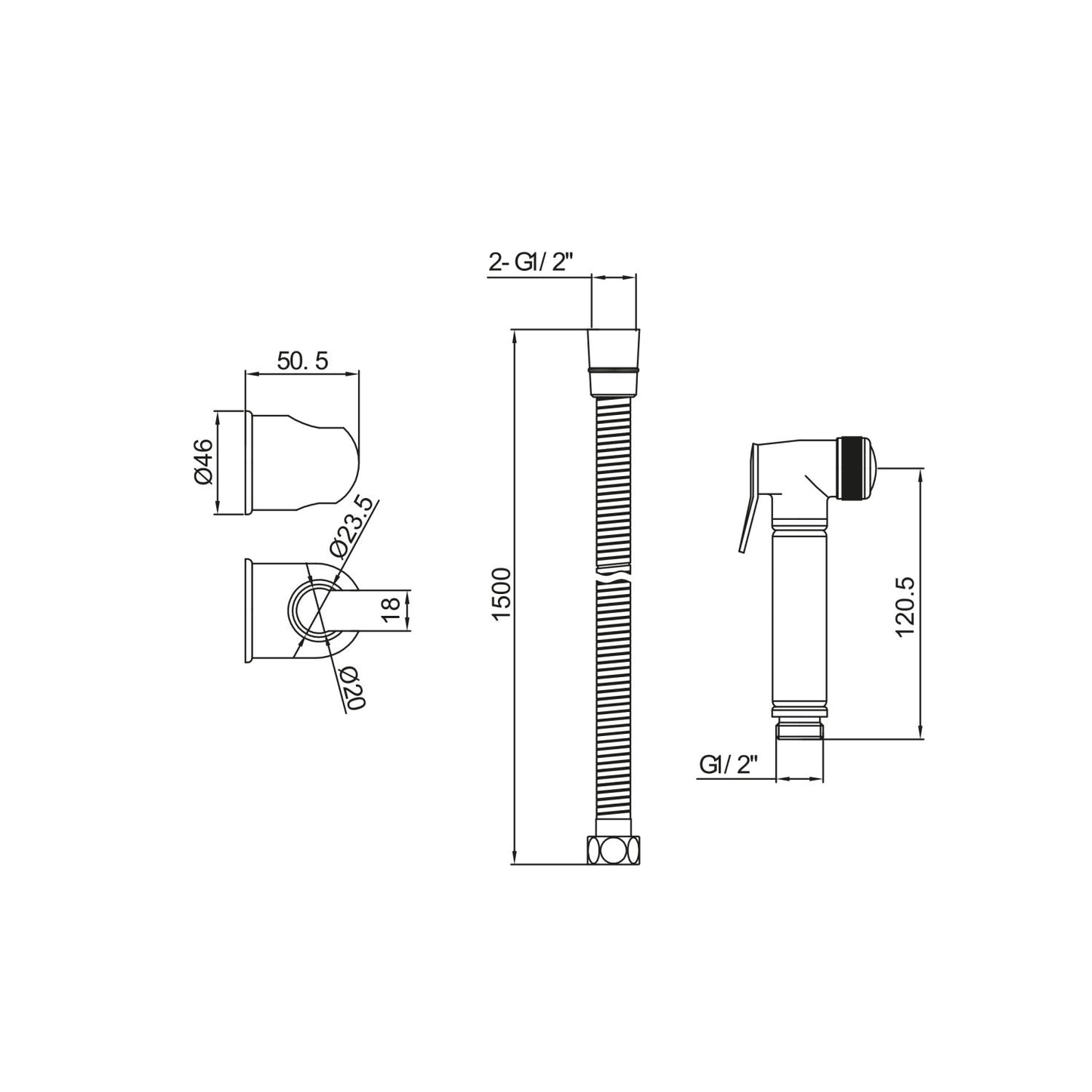 Chrome Douche Handset, Flexi Hose and Holder