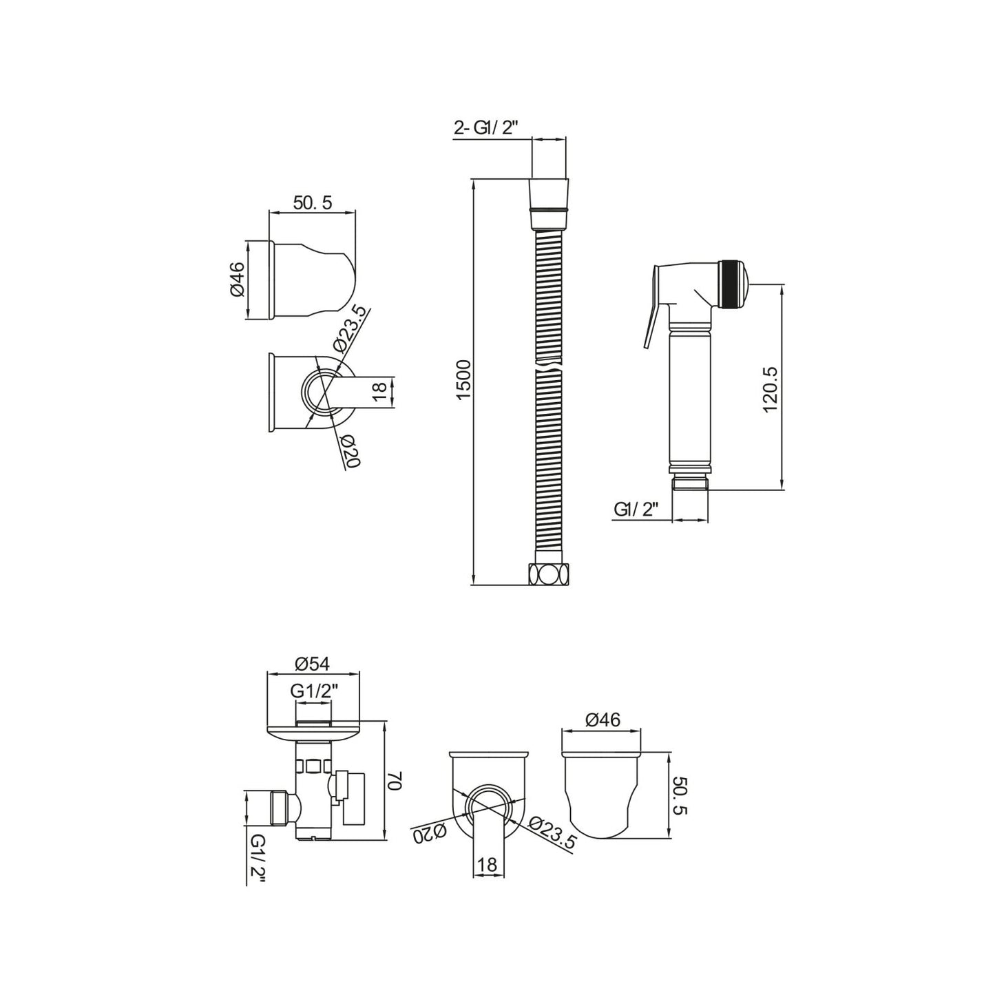 Douche Handset, Flexi Hose, Holder and Outlet