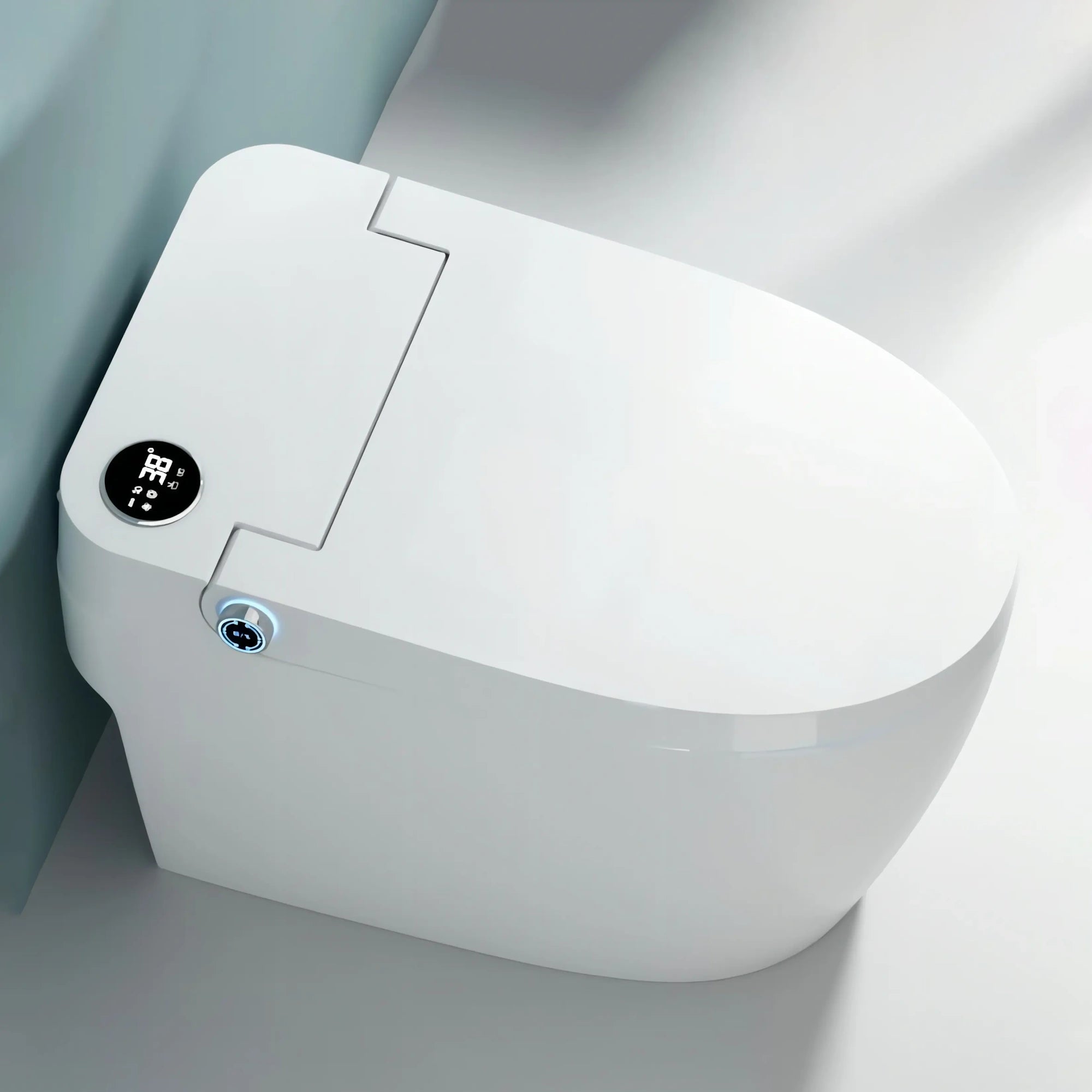 A modern white ceramic smart toilet and bidet with side controls and a small screen, designed in a minimalist style.