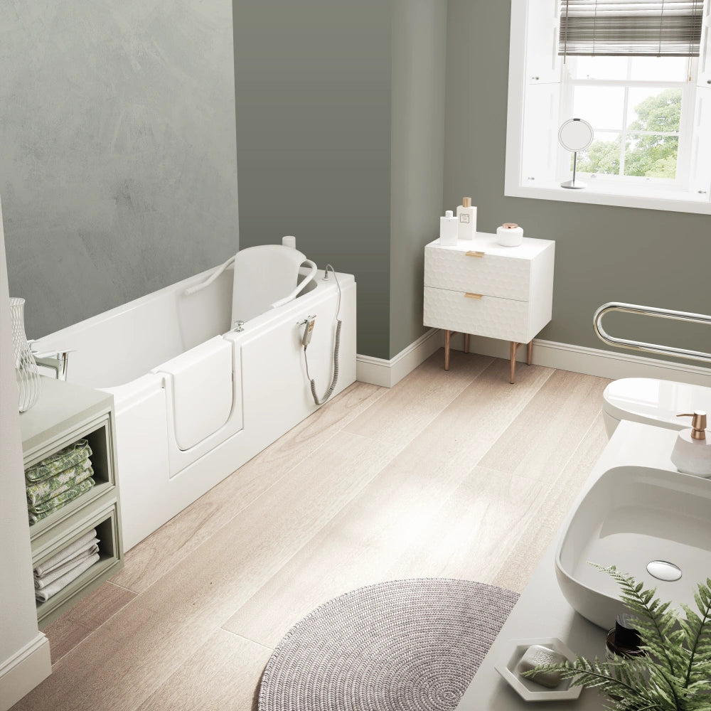 A pastel colour scheme bathroom with a Mantaleda Aventis Power Lift designed for people with health conditions or impariments
