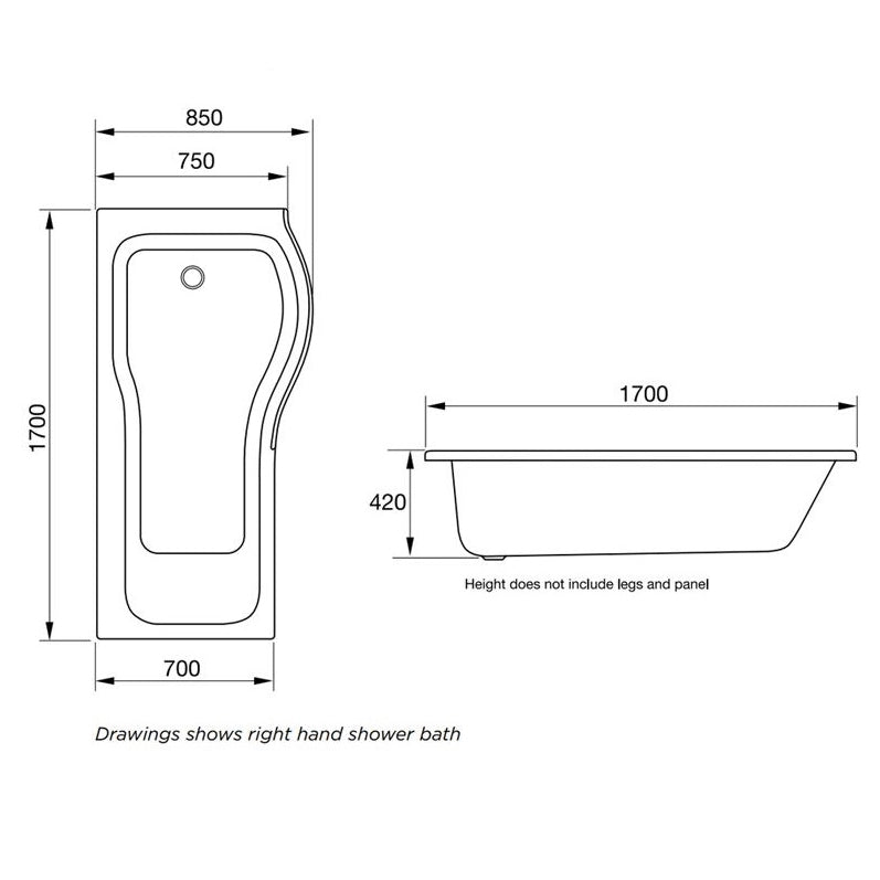 Euphoria P Shape Shower Bath 1700 x 850mm