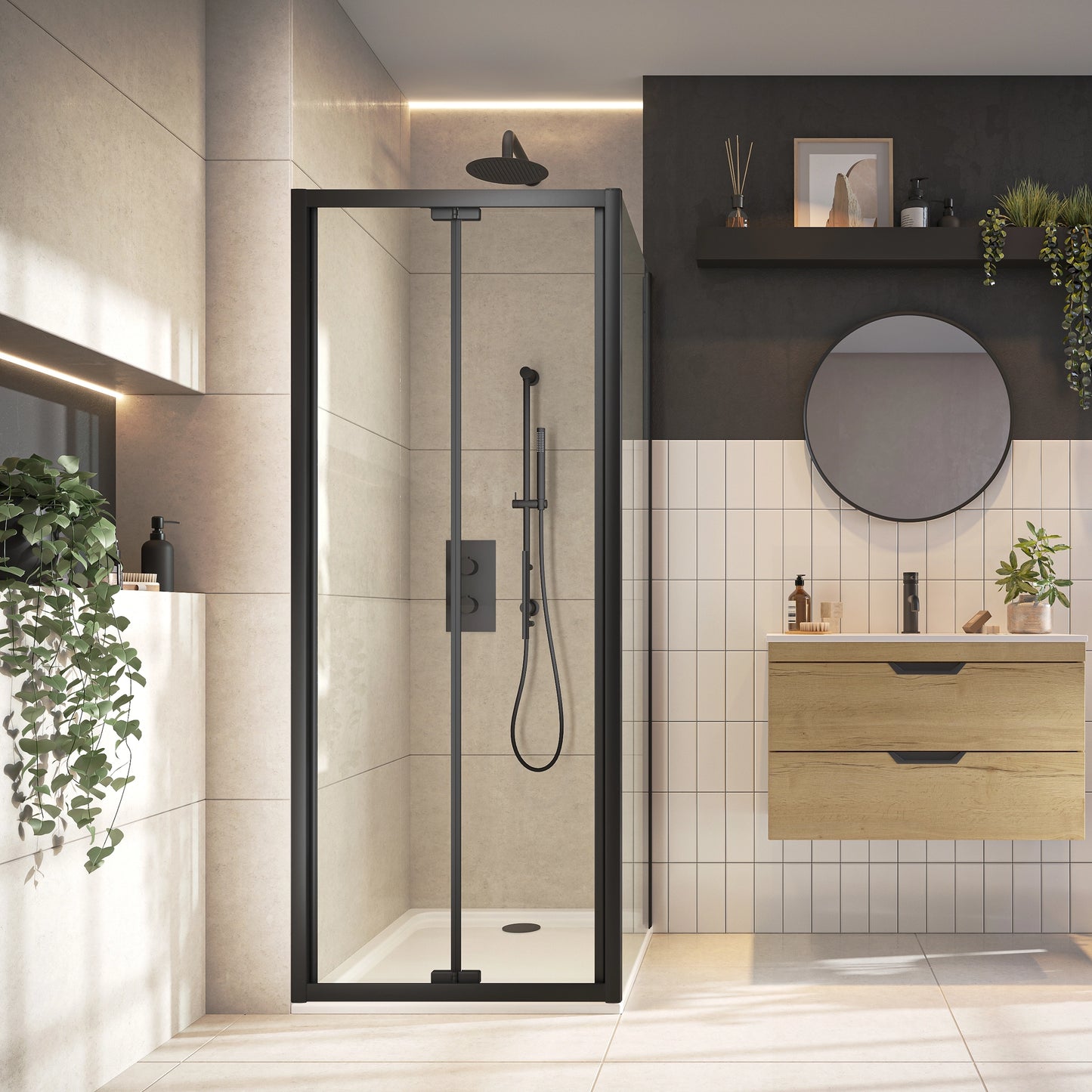S6 Bifold Semi Frameless Black Shower Door