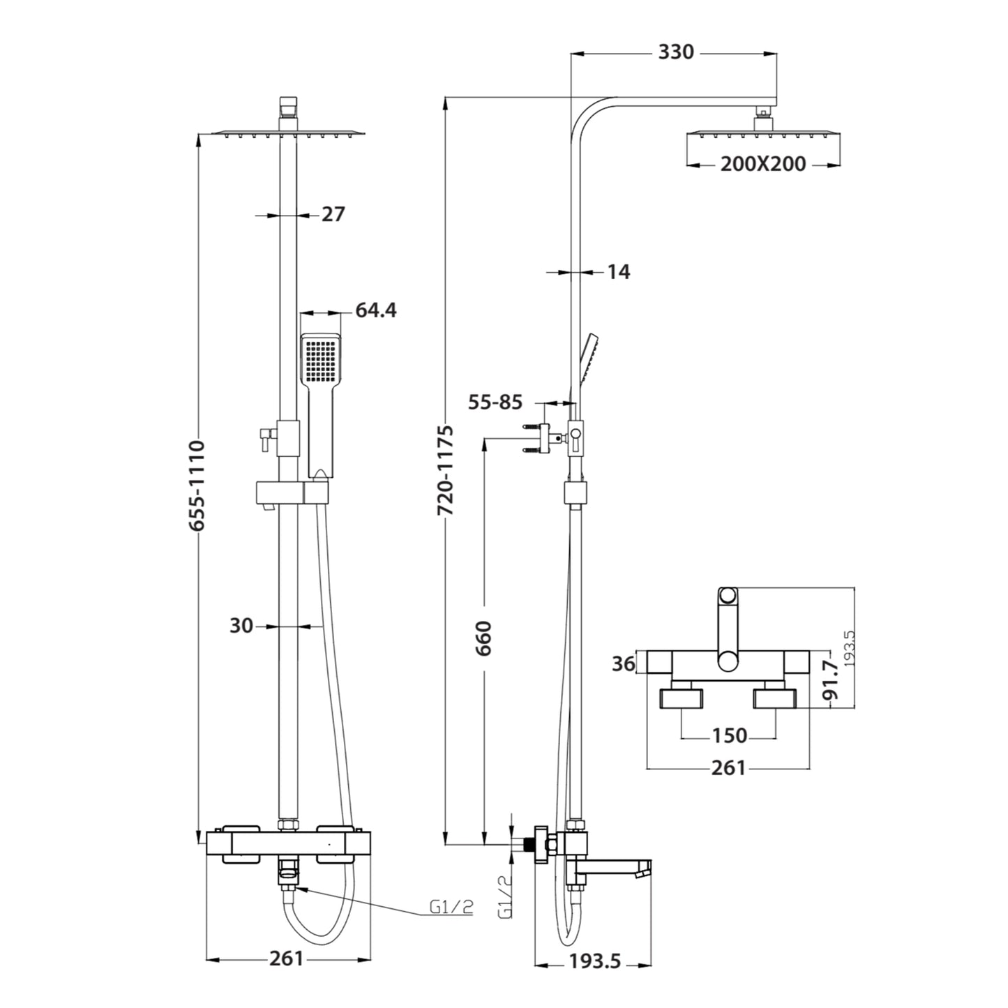 Block Chrome Square Rigid Riser Shower with Bath Filler