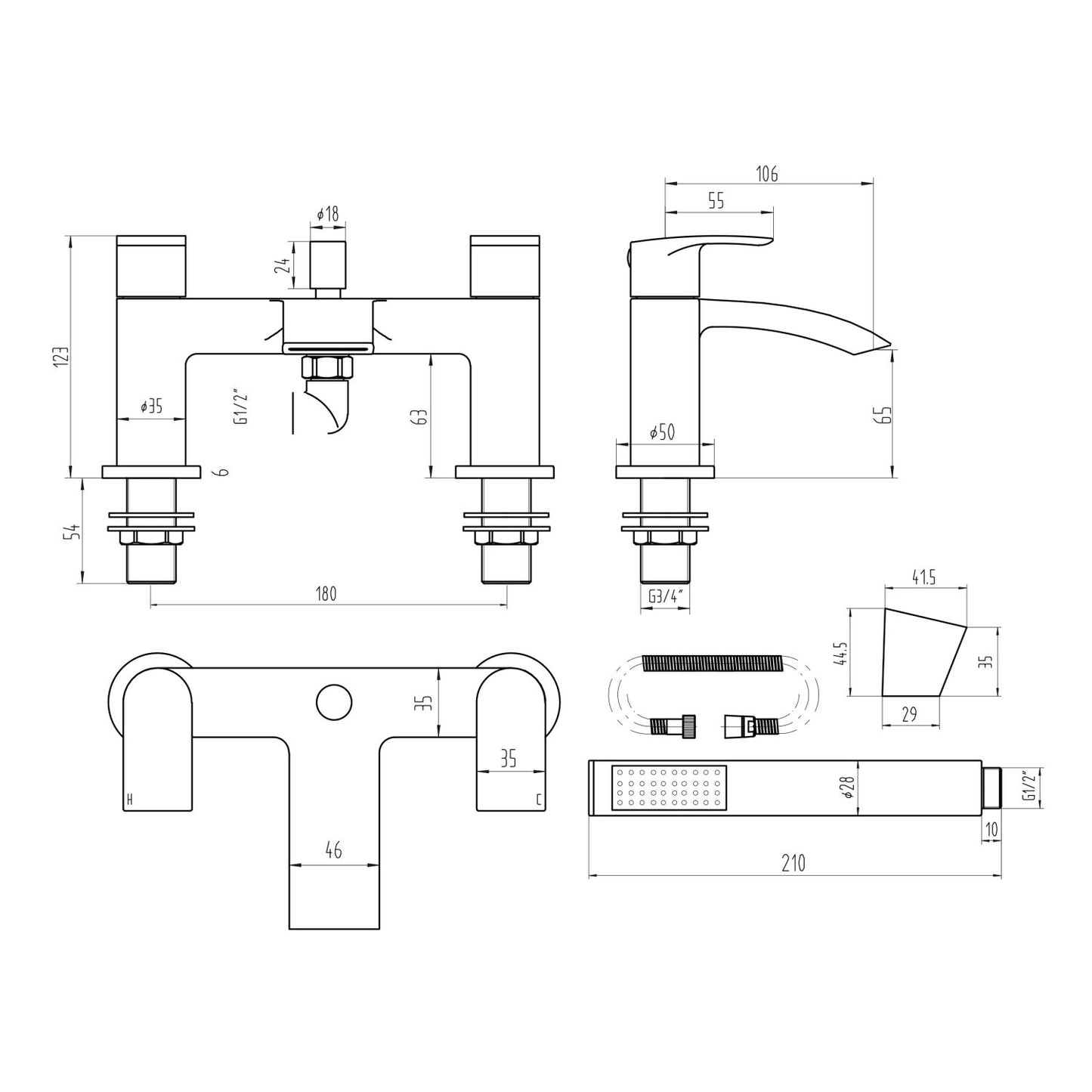 Belini Bath Shower Mixer Tap with Shower Kit and Wall bracket