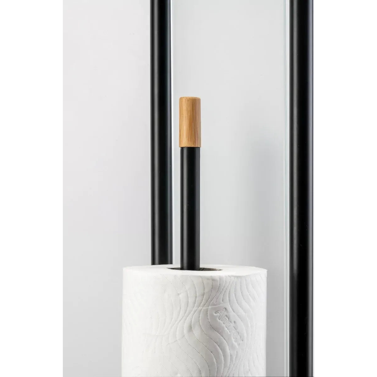 Croydex Matt Black & Bamboo Floor Standing Bathroom Butler Toilet Roll Holder