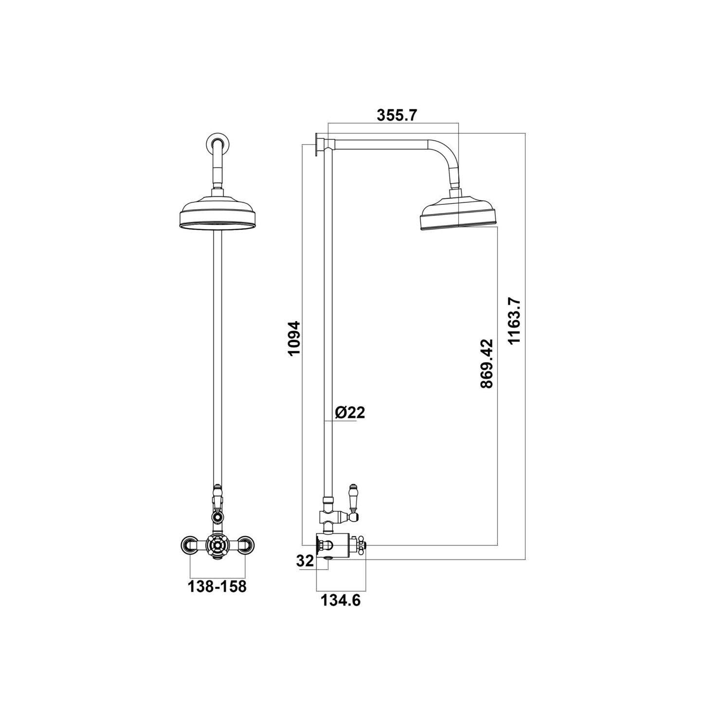 Traditional Round Rigid Riser Shower with Fixed Head
