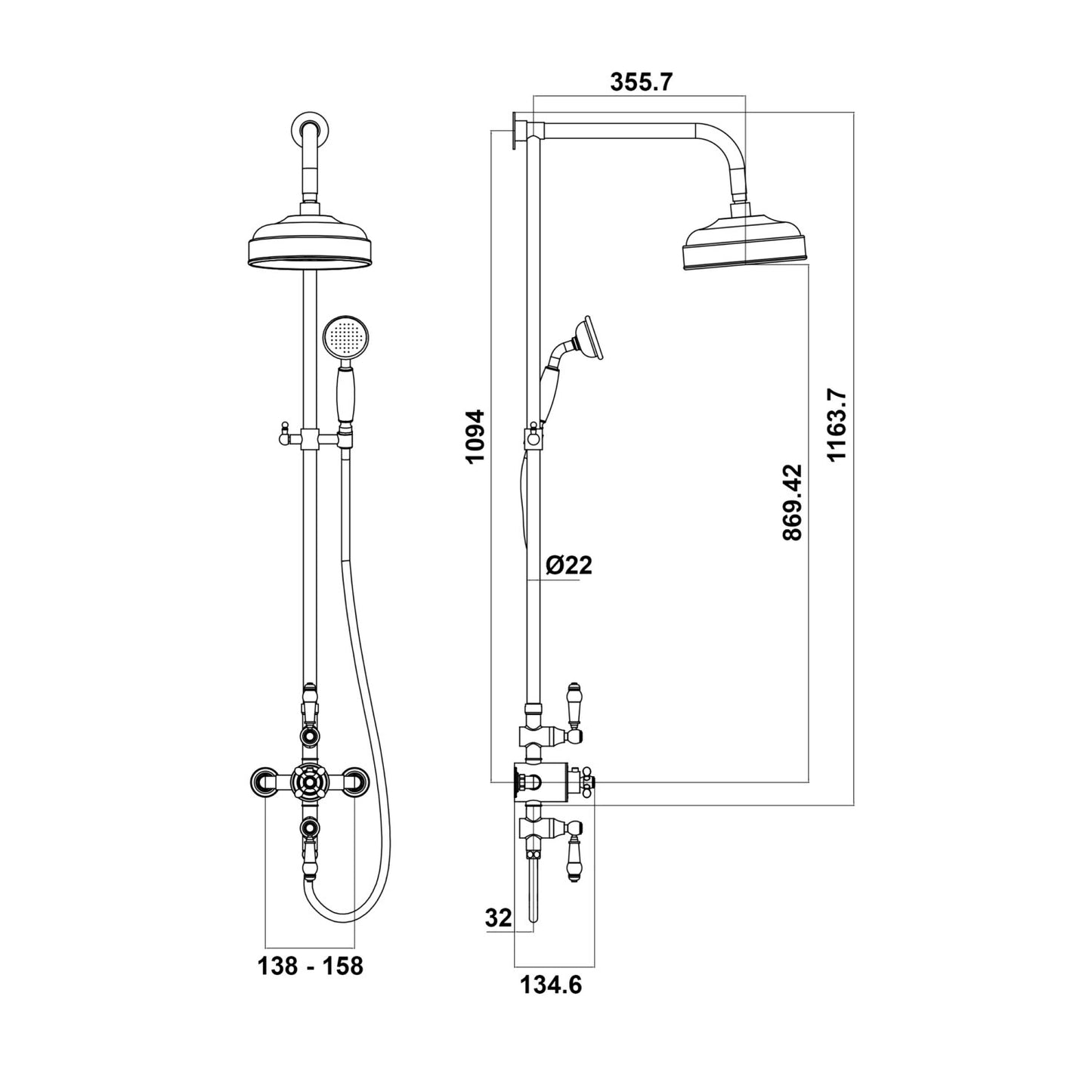Traditional Round Rigid Riser Shower with Fixed Head