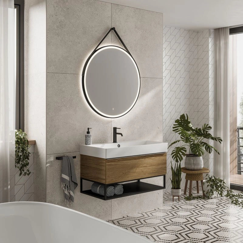 Solstice LED Round Bathroom Mirror With Strap Bubbles Showers