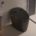 A modern high-tech Japanese style smart toilet and bidet in matte black color, with a digital display on the lid and a remote control device beside it.