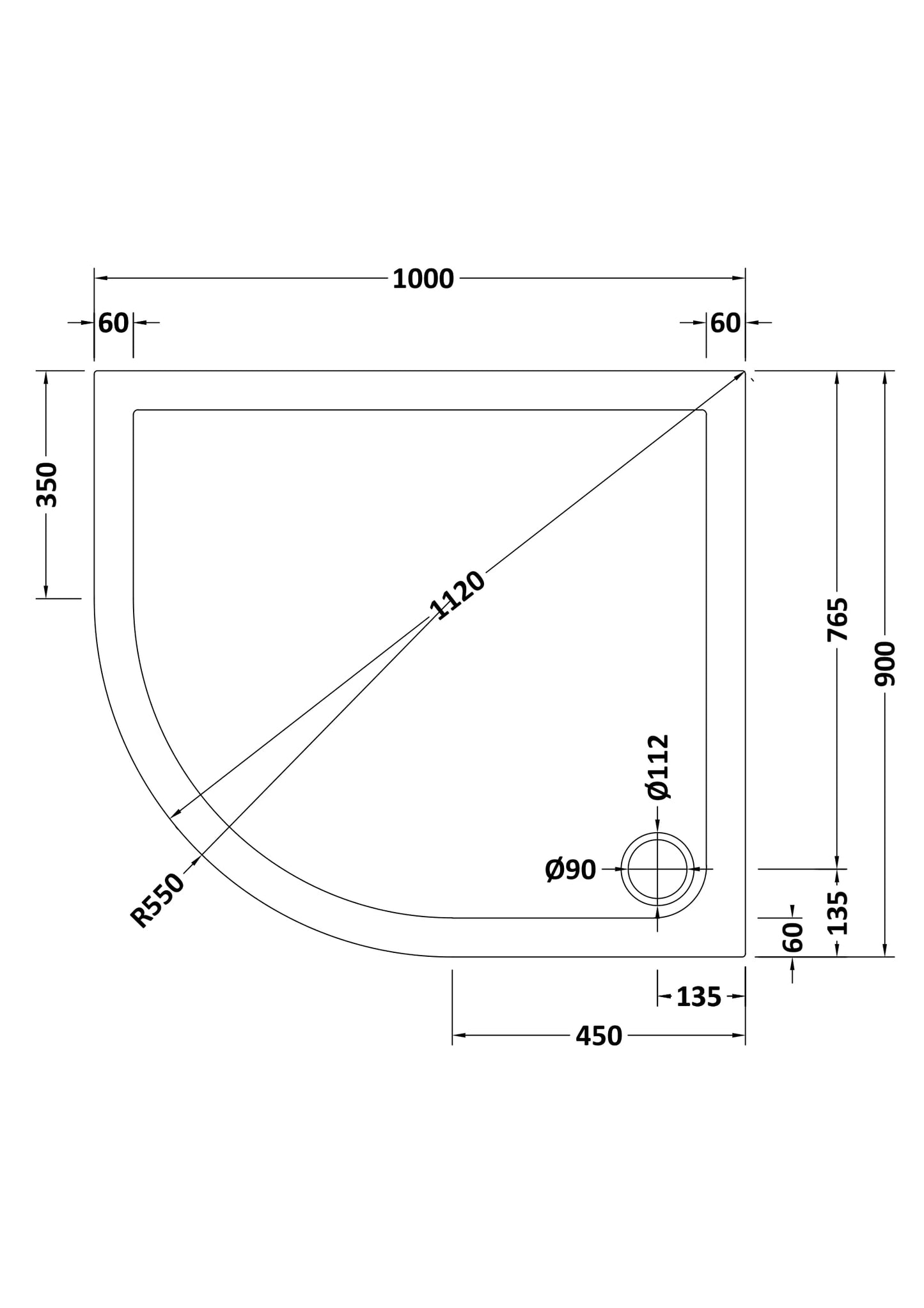 Vantage Plan F White Offset Quadrant Low Profile Shower Tray