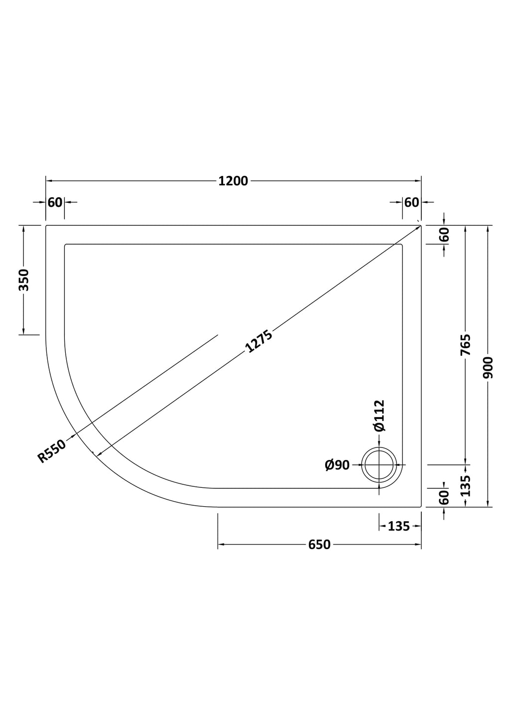 Vantage Plan F White Offset Quadrant Low Profile Shower Tray