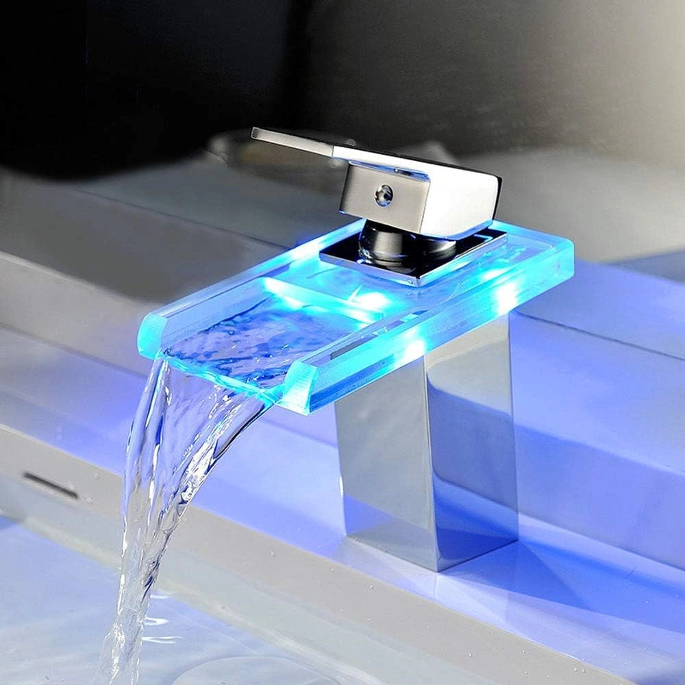 Glass and Chrome Waterfall LED Light Mono Basin Mixer Tap