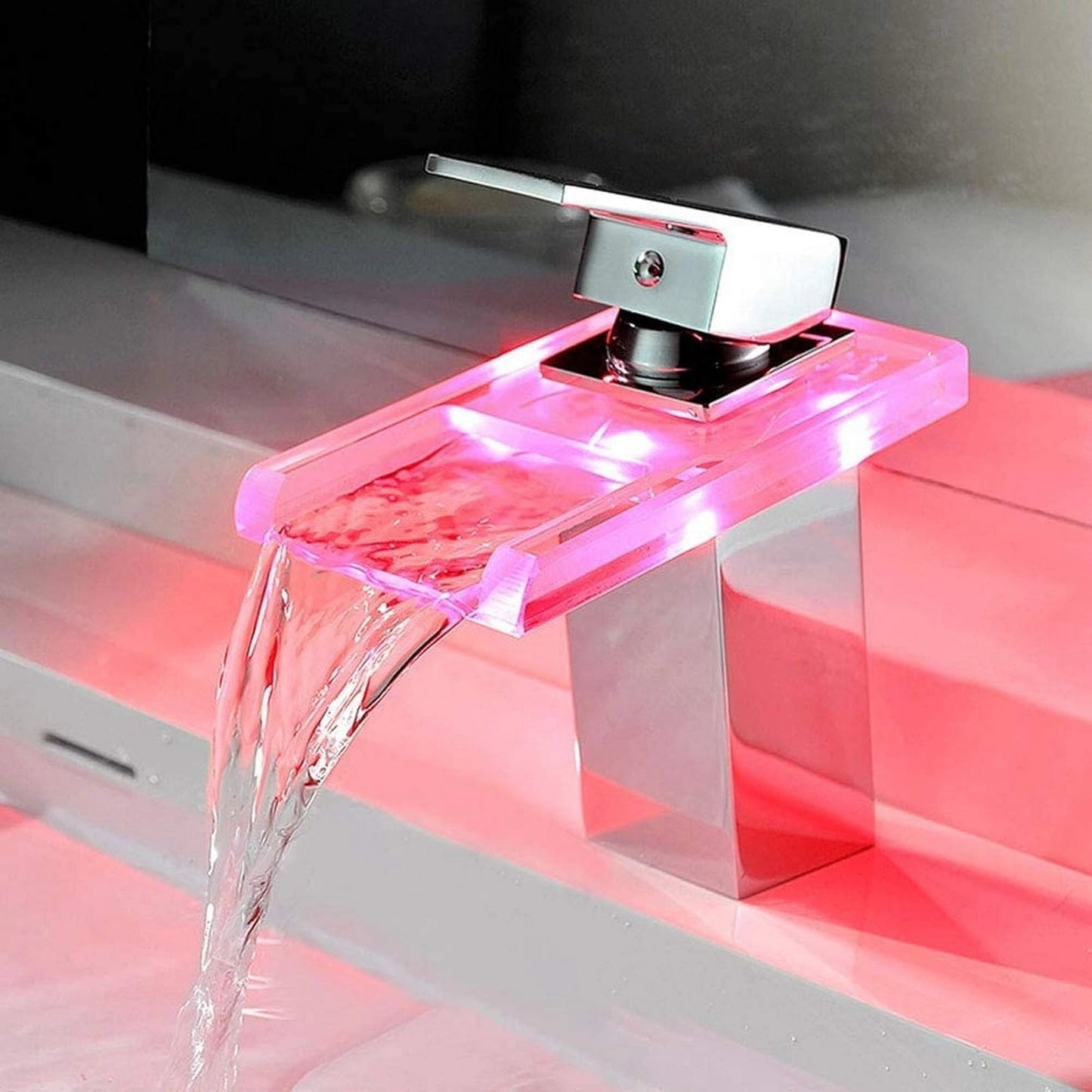 Glass and Chrome Waterfall LED Light Mono Basin Mixer Tap