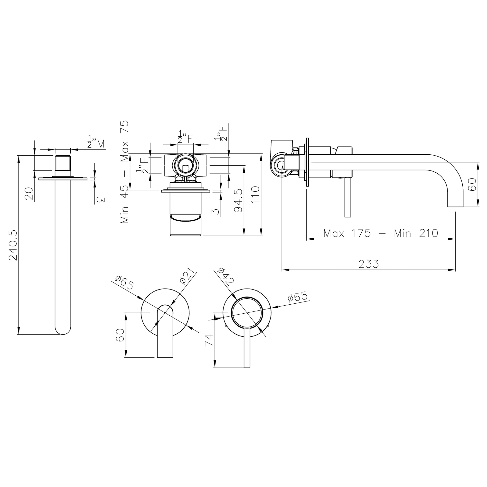 Abode Harmonie Wall Mounted Bath Basin Mixer Tap