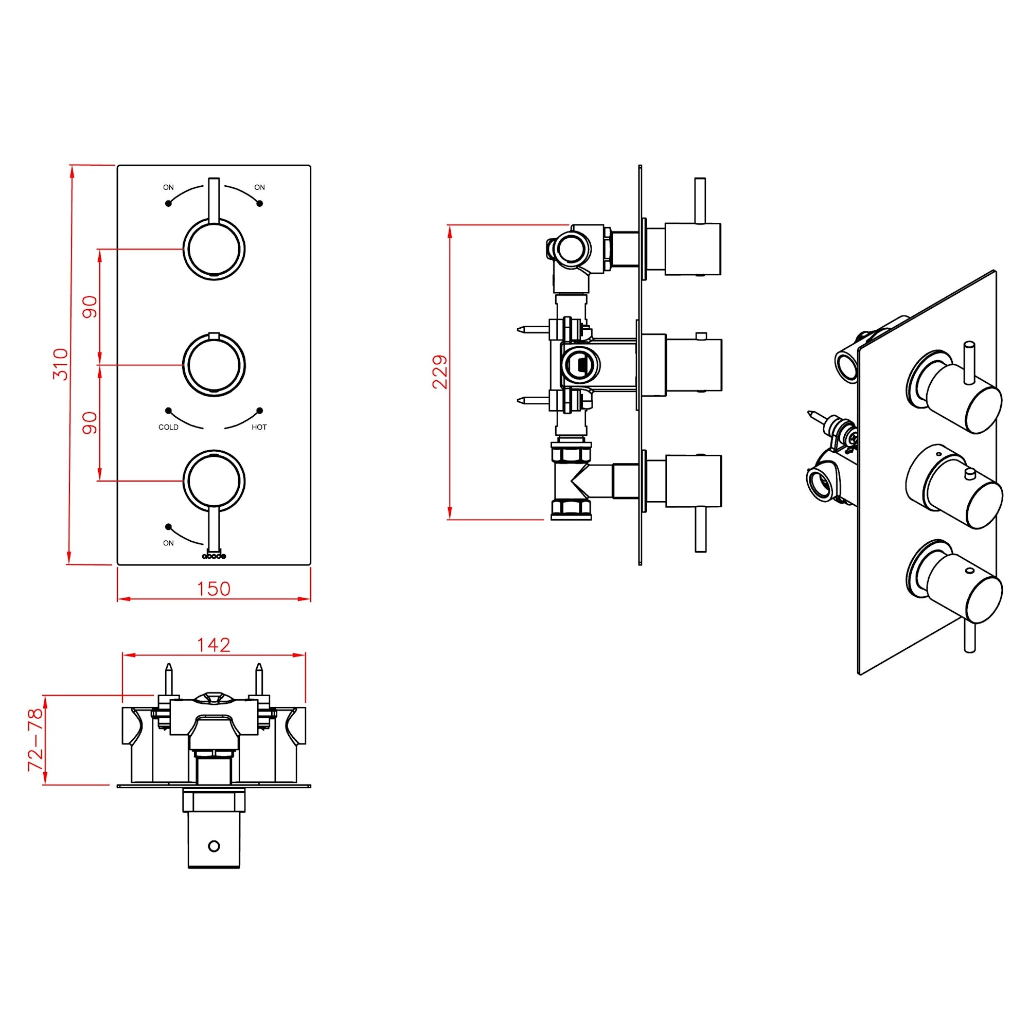 Abode Harmonie Triple Concealed Thermostatic Chrome Shower Valve