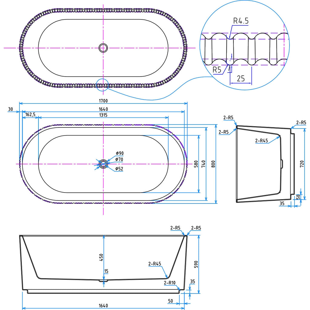Labyrinth Fluted Freestanding Bath 1700 x 800mm