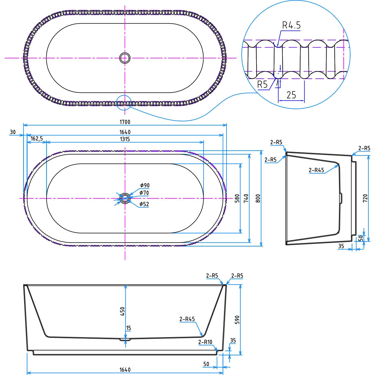 Labyrinth Fluted Freestanding Bath 1700 x 800mm