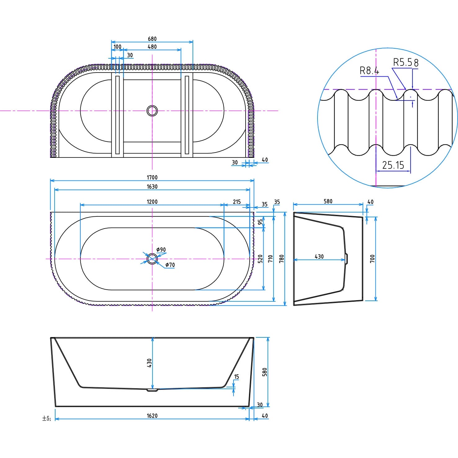 Labyrinth Fluted Back to Wall Bath 1700 x 780mm