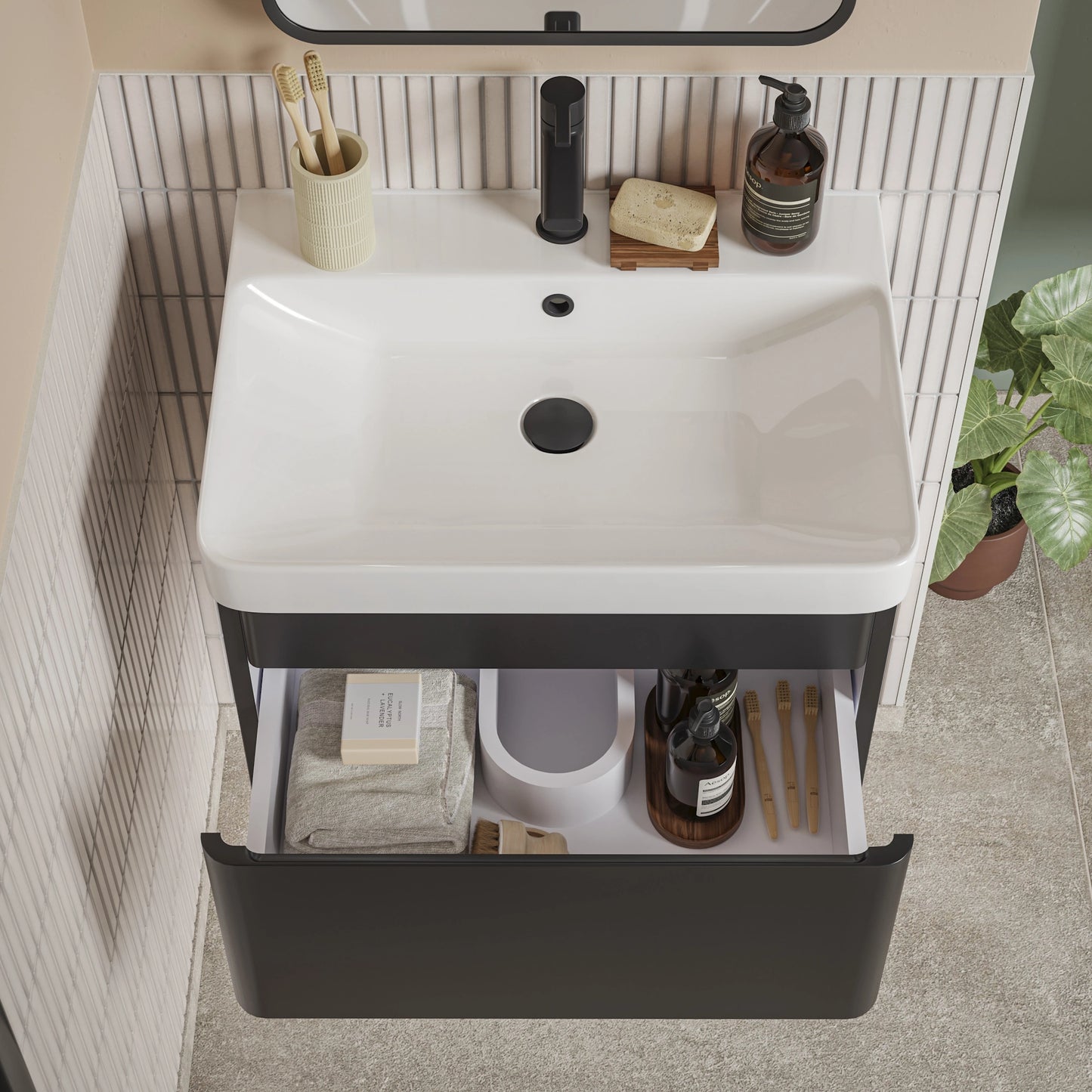 Rassina Wall Hung Basin Vanity Unit and Tall Boy Cabinet Bathroom Suite