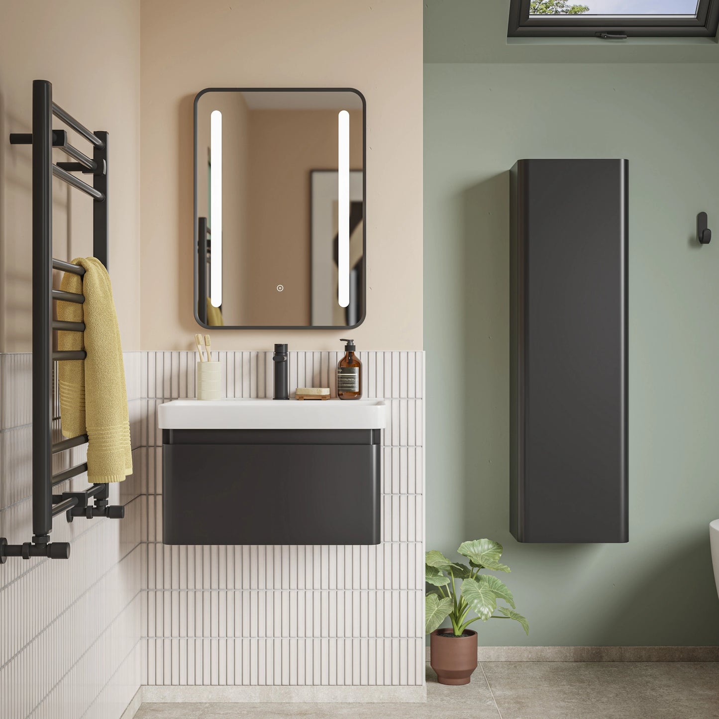 Rassina Wall Hung Basin Vanity Unit and Tall Boy Cabinet Bathroom Suite