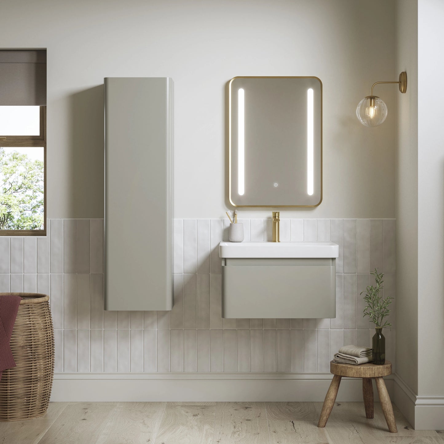 Rassina Wall Hung Basin Vanity Unit and Tall Boy Cabinet Bathroom Suite