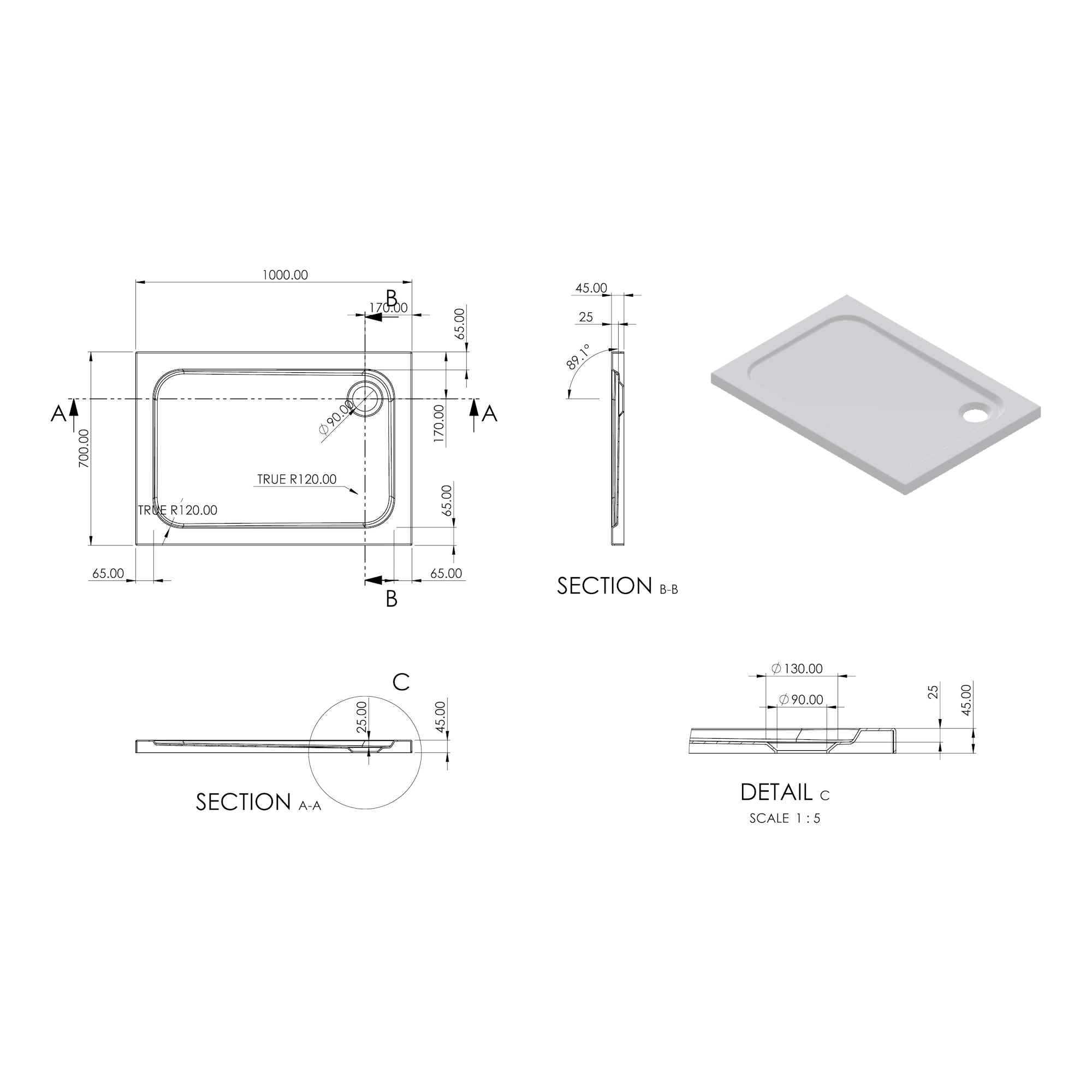 Essentials Low Profile Rectangle Shower Tray
