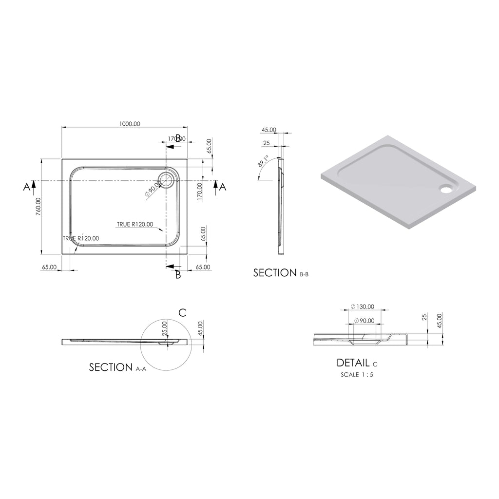 Essentials Low Profile Rectangle Shower Tray