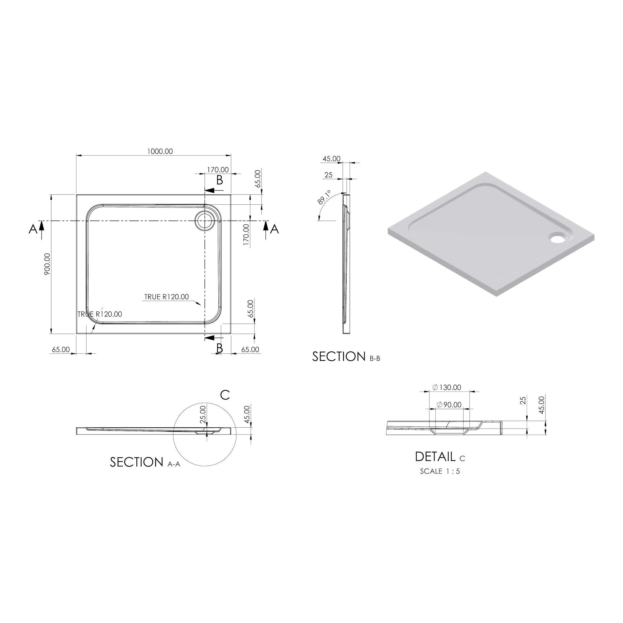 Essentials Low Profile Rectangle Shower Tray