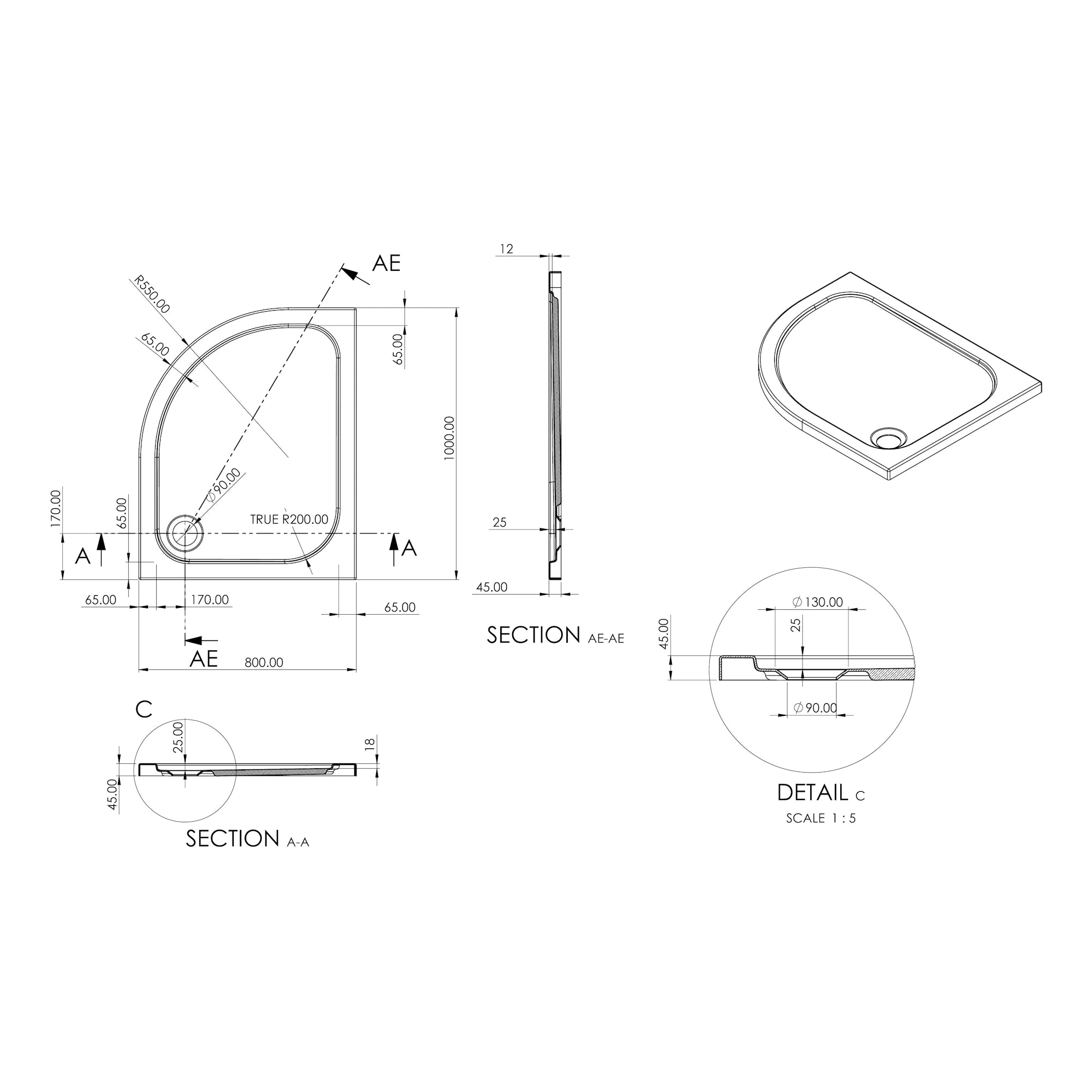 Essentials Low Profile Off Set Quadrant Shower Tray
