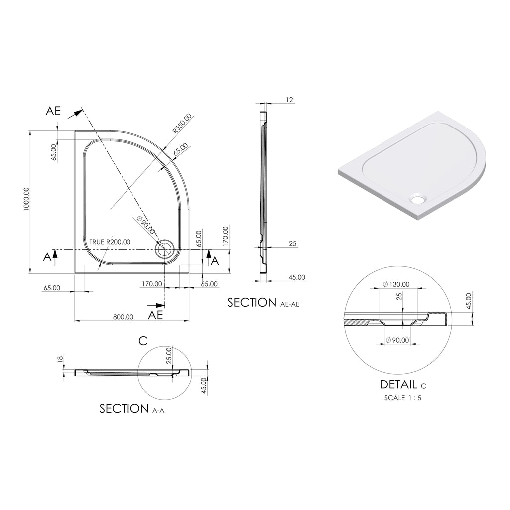 Essentials Low Profile Off Set Quadrant Shower Tray