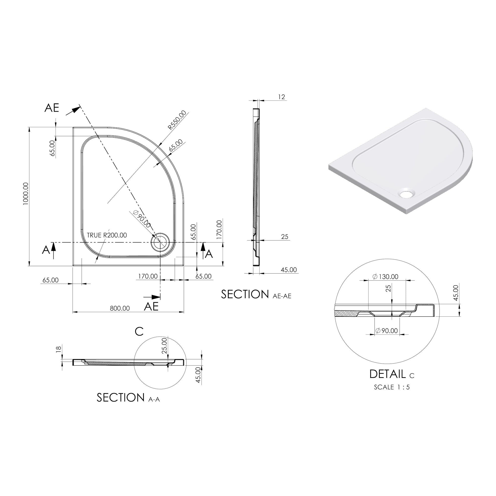 Essentials Low Profile Off Set Quadrant Shower Tray