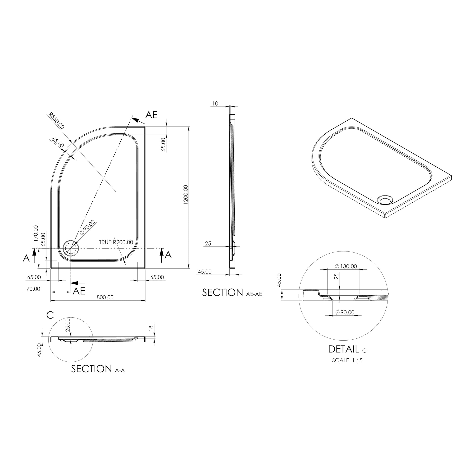 Essentials Low Profile Off Set Quadrant Shower Tray