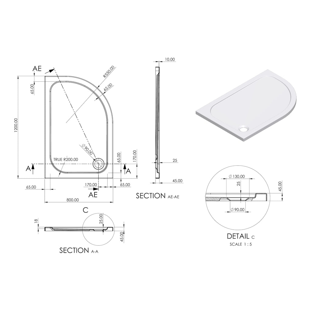 Essentials Low Profile Off Set Quadrant Shower Tray
