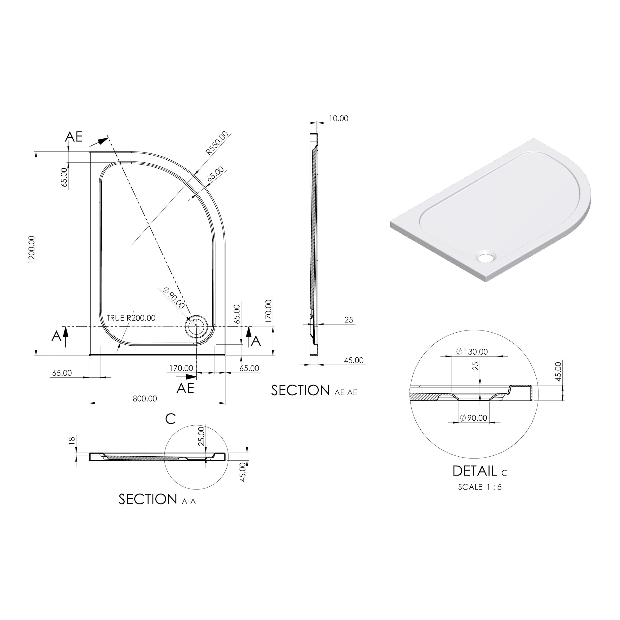 Essentials Low Profile Off Set Quadrant Shower Tray