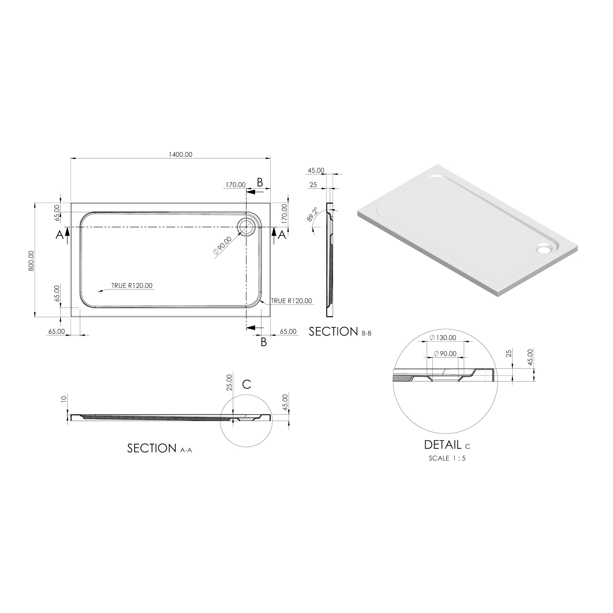 Essentials Low Profile Rectangle Shower Tray