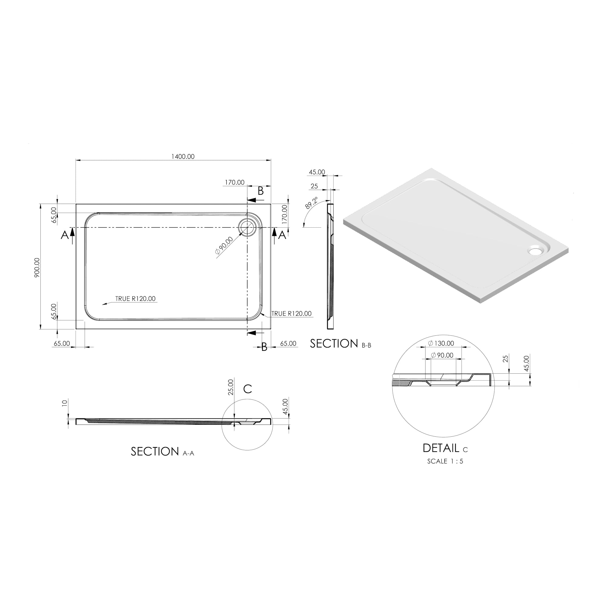 Essentials Low Profile Rectangle Shower Tray