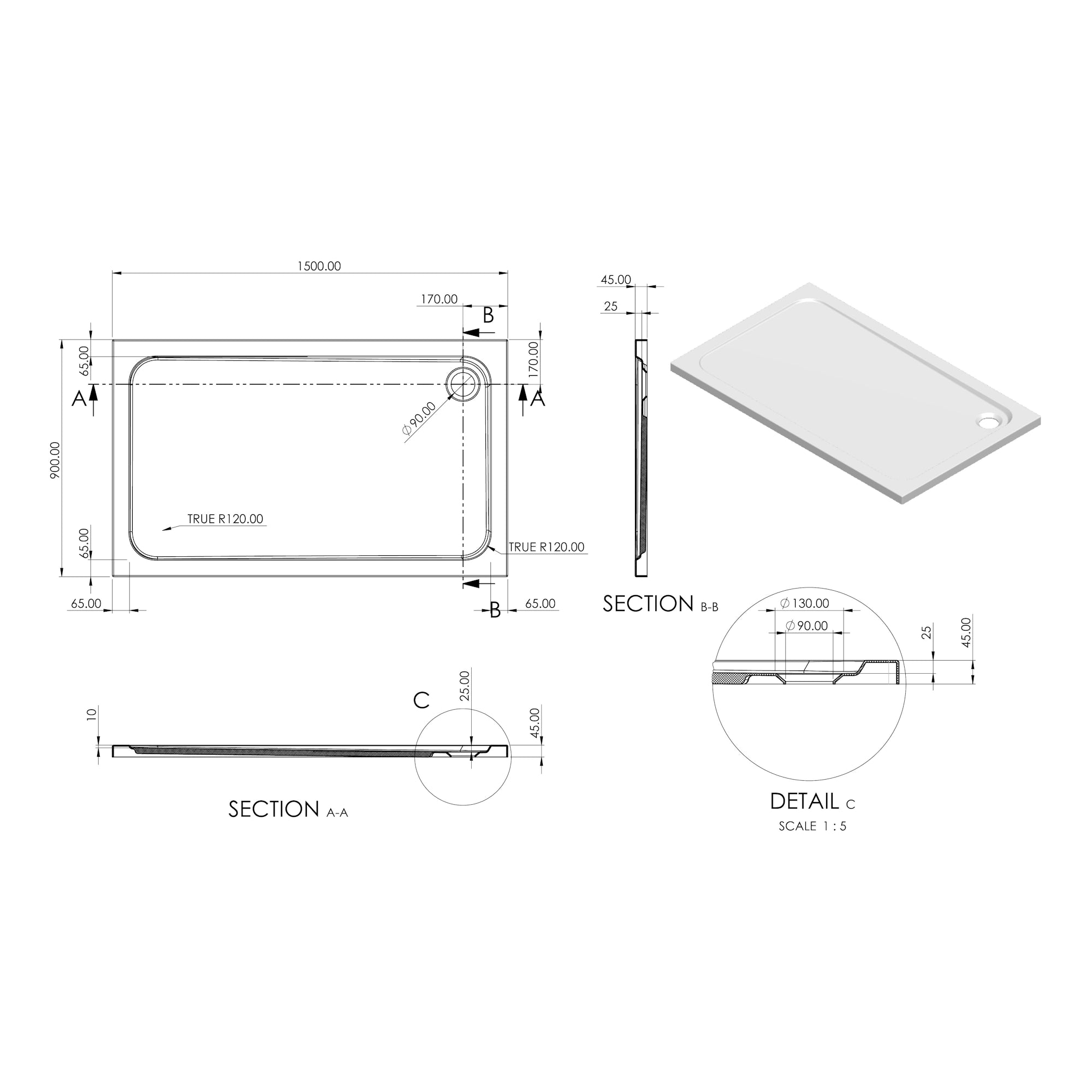 Essentials Low Profile Rectangle Shower Tray