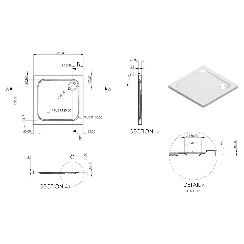 Essentials Low Profile Square Shower Tray
