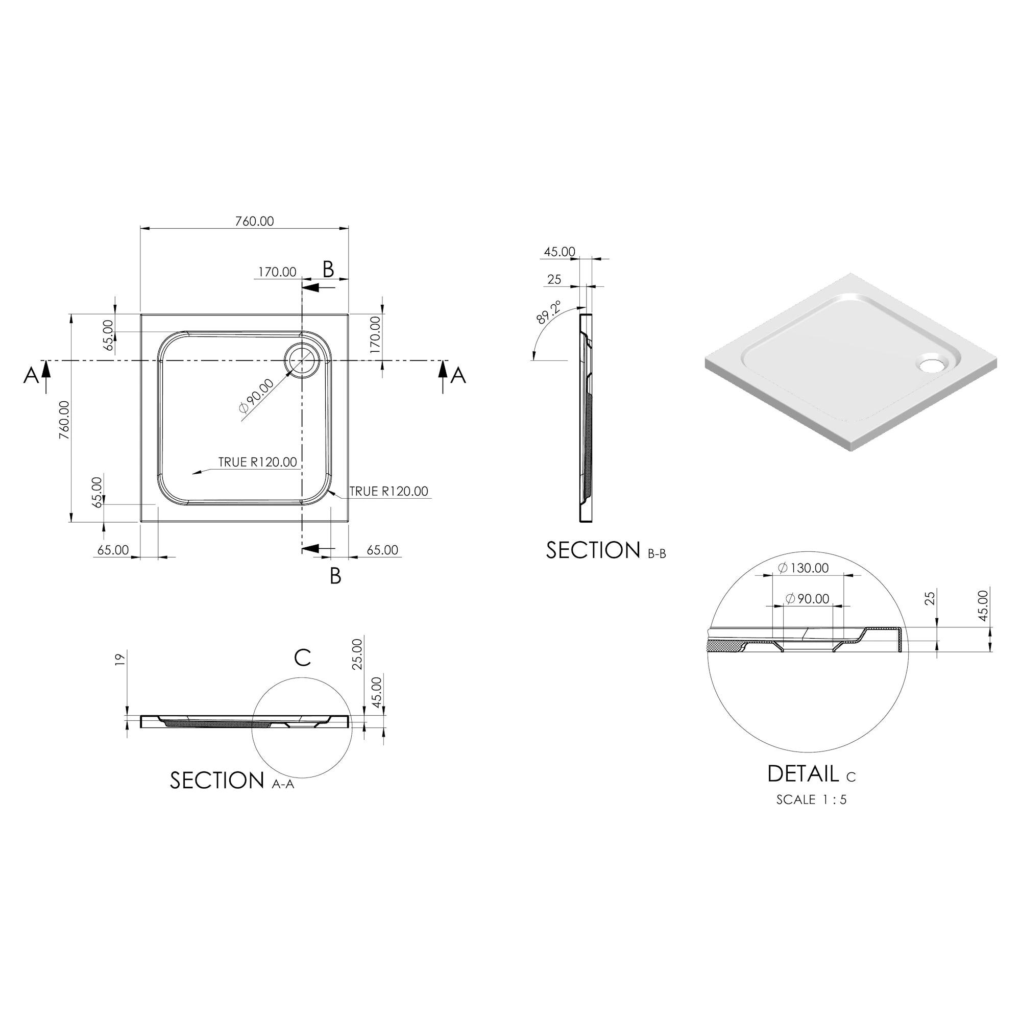 Essentials Low Profile Square Shower Tray