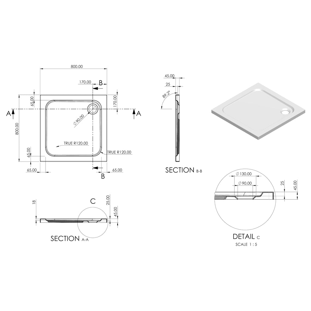 Essentials Low Profile Square Shower Tray