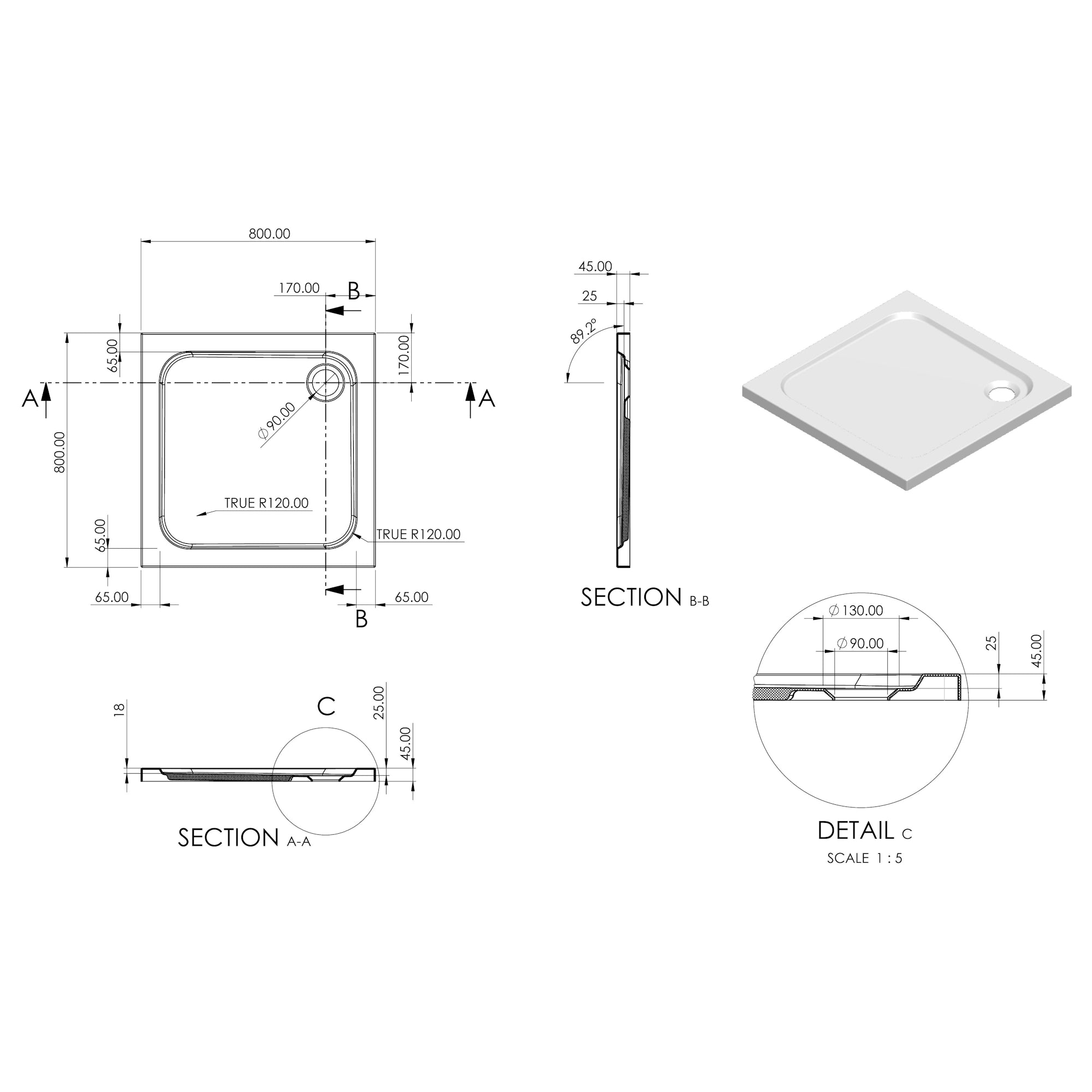 Essentials Low Profile Square Shower Tray
