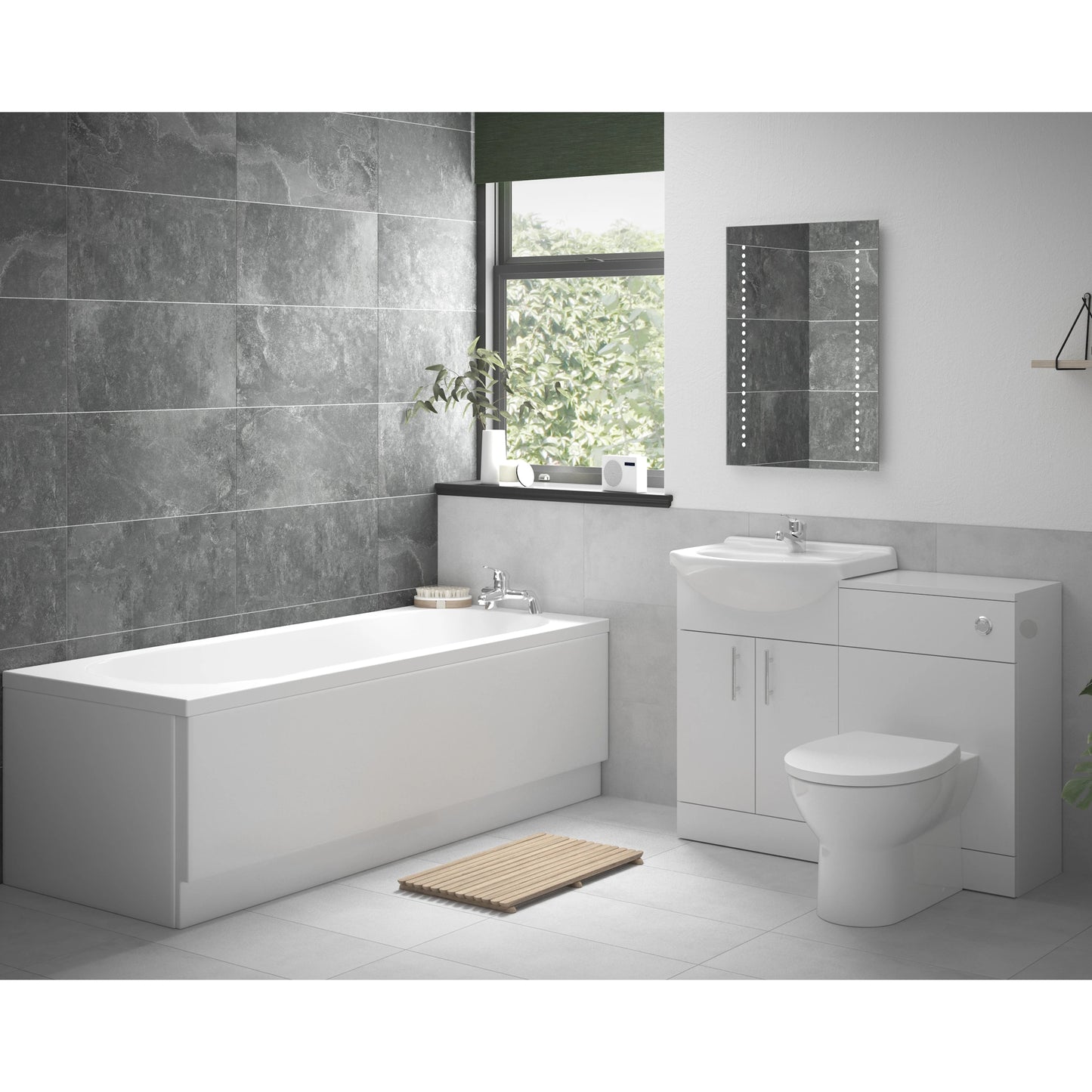 Sinda Full Designer Bathroom Suite with Bath Back to Wall WC and Vanity Unit