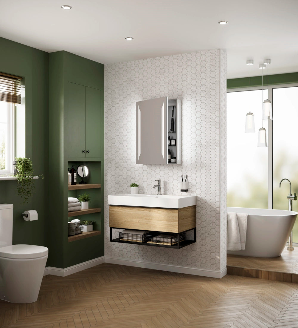 A Modern Bathroom suit with light colours of white, green and oak.