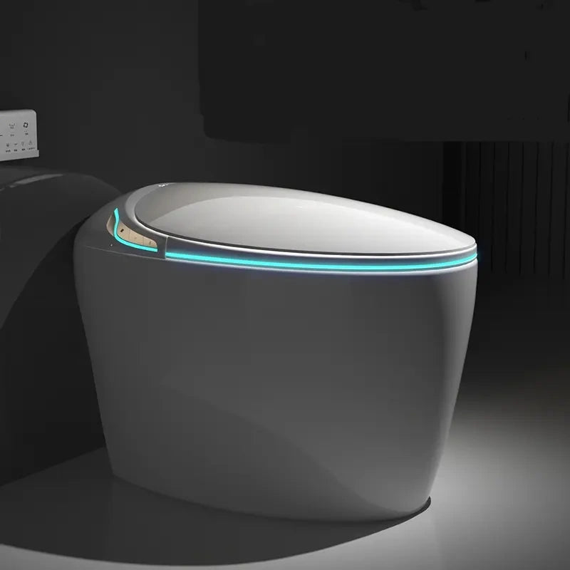 The Ishikari with the lid closed showcases it's futurist ergomic design for comfortable sitting as well as buttons on the side for quick functionality