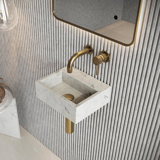 Sanctuary Venato White Marble Cloakroom Basin Sink with Wall Mounted Tap and Bottle Trap